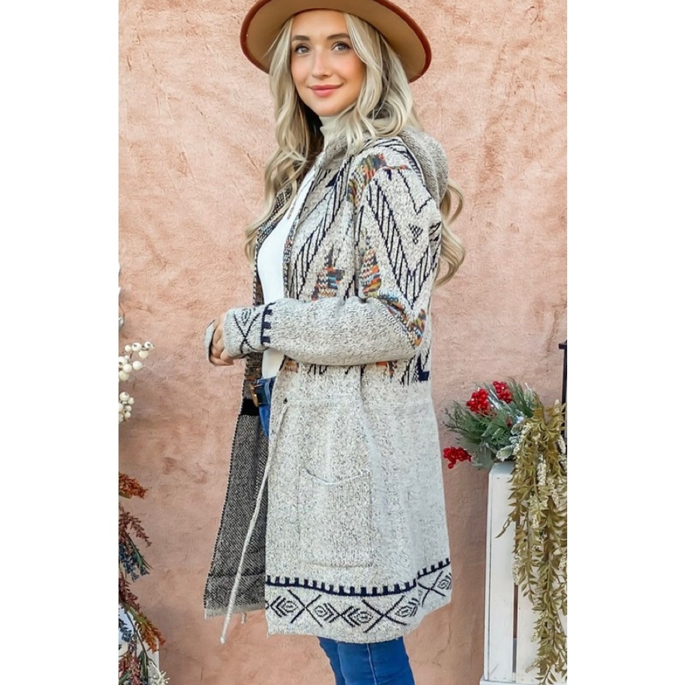 Aztec print hoodie cardigan sweater with waist drawstring. - Picture 7 of 7